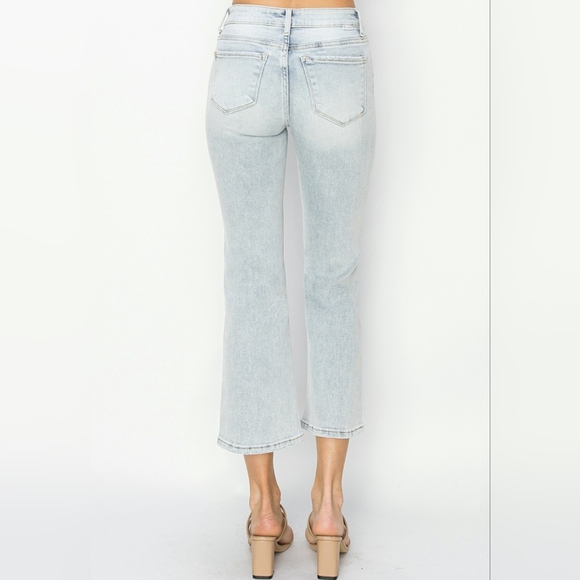 RISEN High-Rise Waist Skinny Fit Denim Pants Cropped Wide Flare Hem Blue Jeans - Picture 14 of 16